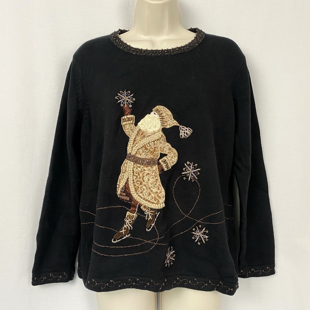 Vintage Talbots Sweater XL Black Embellished Holiday Santa Christmas Y2K Earthy